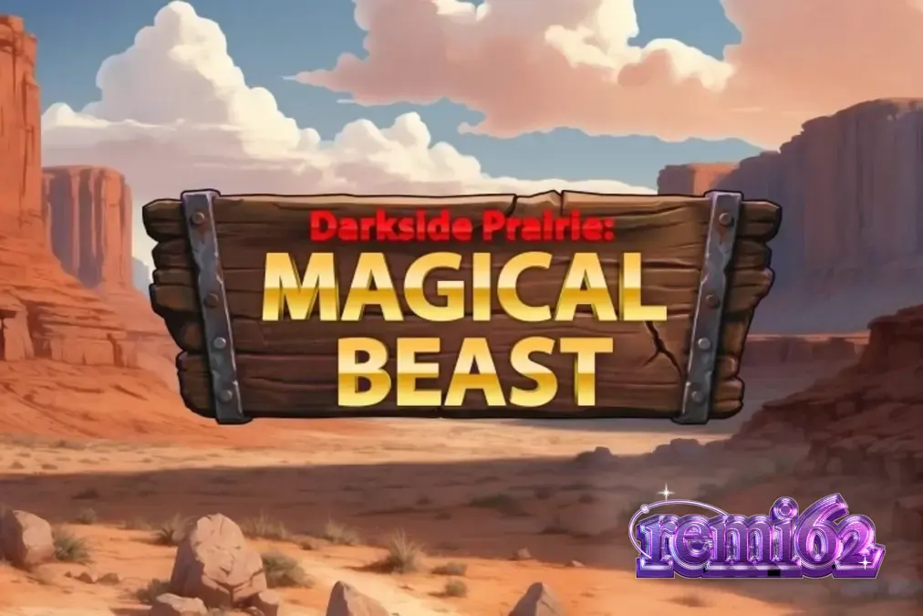 Pemandangan atmosferik dari slot Darkside Prairie: Magical Beasts dengan latar belakang ngarai berbatu saat senja.
